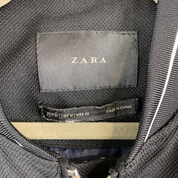 Zara Mens Bomber Jacket Medium Black Full Zip Long Sleeve Varsity Striped Trim - Picture 2 of 7